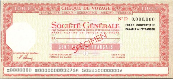 France SPECIMEN, Travellers Cheque Societe Generale, 100 Francs 2 Watermarks, AU