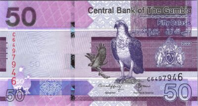 Gambia 50 Dalasis 2023 (2024), RADAR 7 Digit, 649 7 946, UNC, P-NEW DATE SIGN