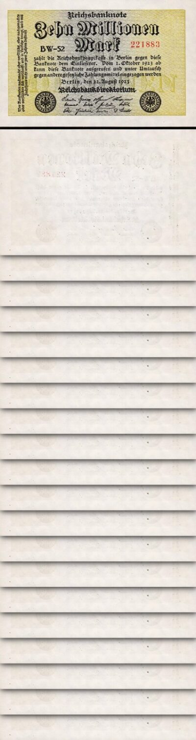 Germany 10 Million Mark 1923, UNC, 20 Pcs LOT,  P-106b, Watermark Small Circles