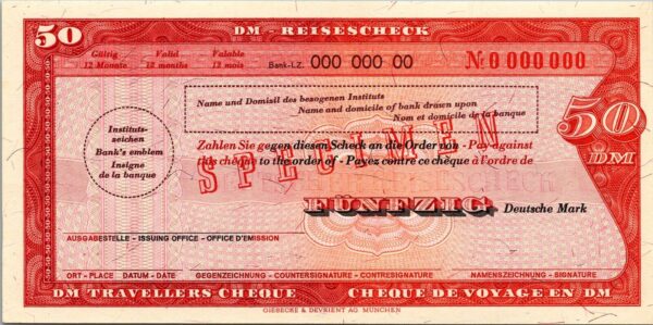 Germany SPECIMEN, Travellers Cheque , 50 Marks, UNC, With Watermark