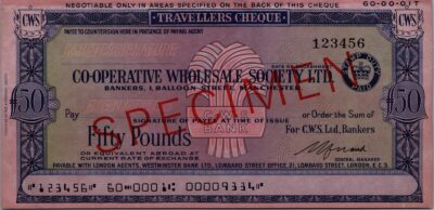 Great Britain Cws Bank London SPECIMEN, Traveller Cheque, 50 Pounds, UNC, TDLR
