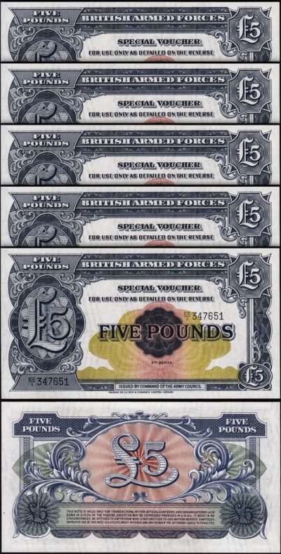Great Britain, United Kingdom Armed Force 5 Pounds 1948, UNC, 5 Pcs LOT, P-M23