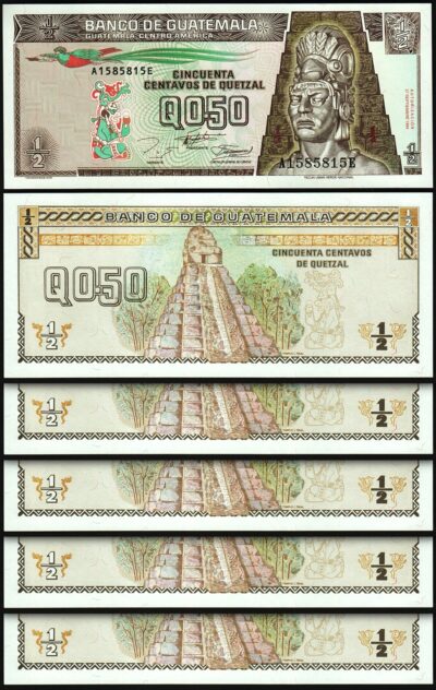 Guatemala 1/2, 0,50 Quetzal 1994, UNC, 5 Pcs LOT, Consecutive, P-86b