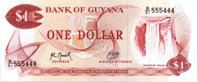 Guyana 1 Dollar 1992, UNC, Serial 555 444, P-21g, S-9