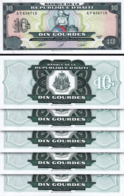 Haiti 10 Gourdes 1991, UNC, 5 Pcs LOT, Consecutive, P-256