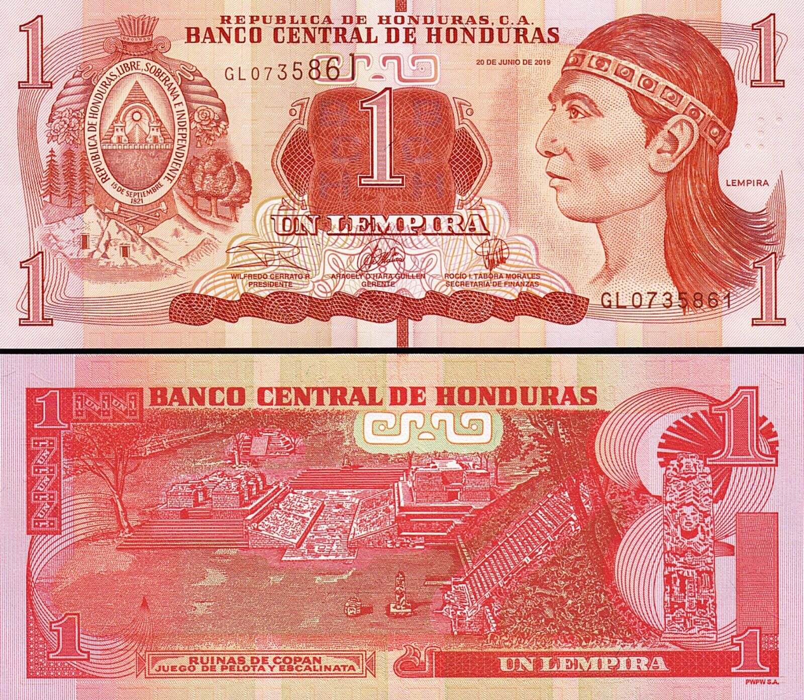 thumbnail image 2 of 2019-2024 Honduras Lempira Banknote Set – 1,2,5,10,20 Lempiras UNC P-New 2 of 3
