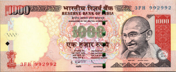 INDIA 1000 RUPEES 2011 REPEATER SERIAL 992 992, UNC - R - P.107a MAHATMA GANDHI