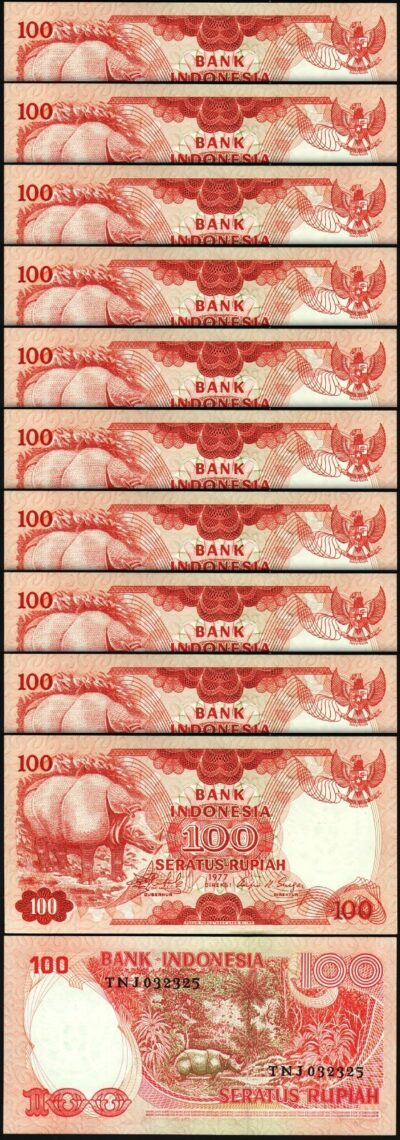 Indonesia 100 Rupiah 1977, UNC, 10 Pcs LOT,Consecutive,P-116,Javanase Rhinoceros