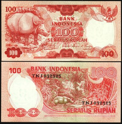 Indonesia 100 Rupiah 1977, UNC, P-116, Javanase Rhinoceros