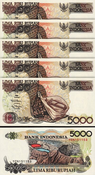 Indonesia 5000 Rupiah 1992 1996, UNC, 5 Pcs LOT, Consecutive, P-130e