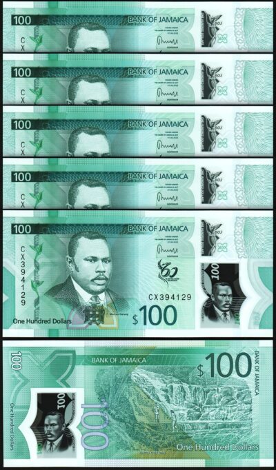 Jamaica 100 Dollars 2022 2023, UNC, 5 Pcs LOT, Consecutive, Polymer,P-New Design