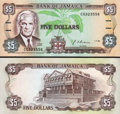 Jamaica 5 Dollars 1991, UNC, P-70d