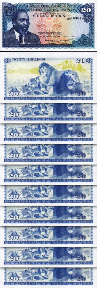 Kenya 20 Shillings 1978, UNC, 10 Pcs LOT, Consecutive, P-17
