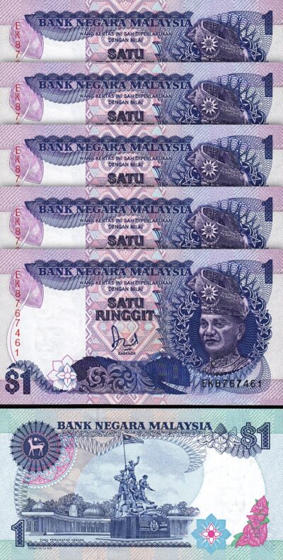Malaysia 1 Ringgit 1986, UNC, 5 Pcs LOT, Consecutive, P-27A