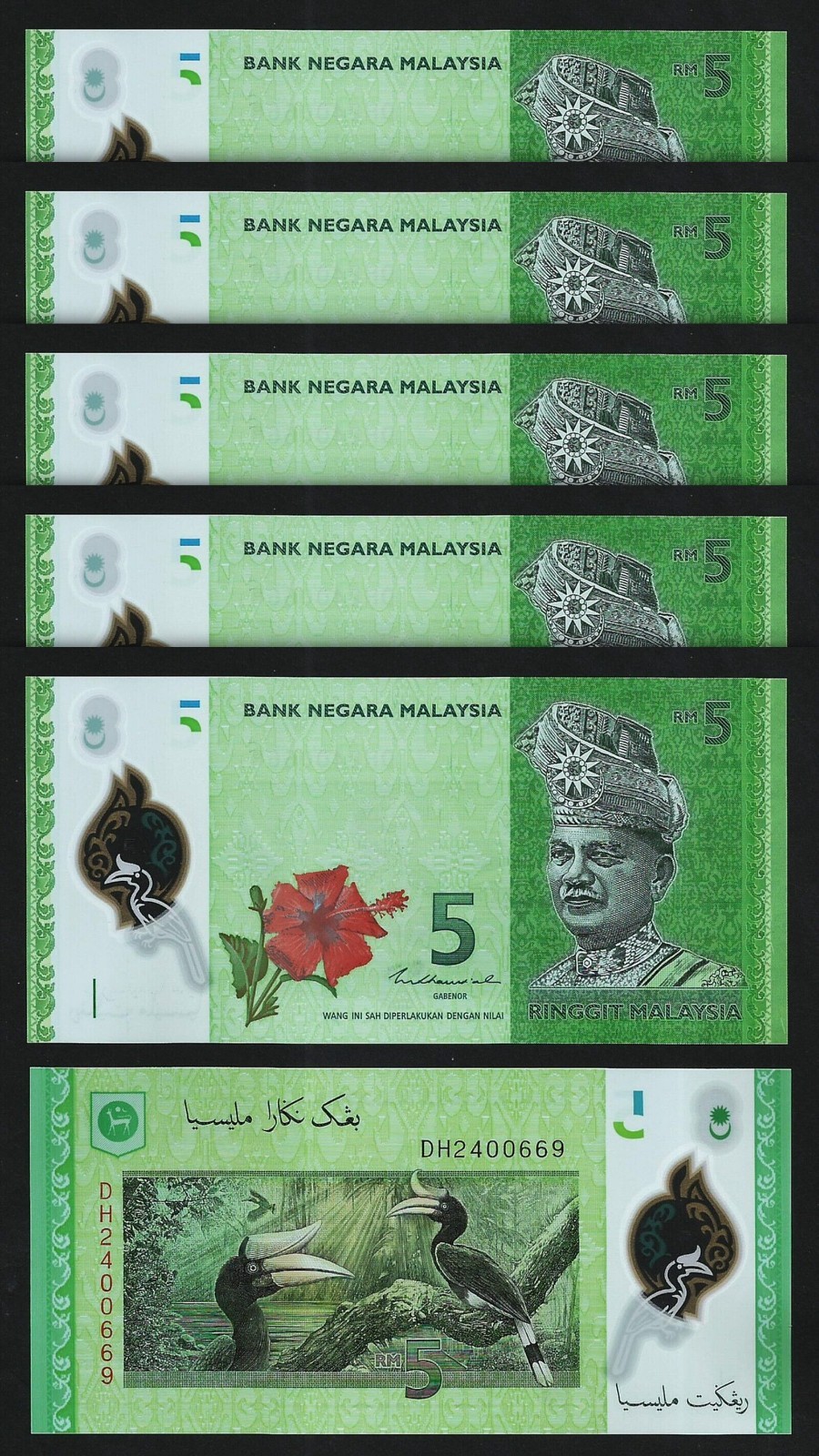 Malaysia 5 Ringgit 2012 / 2021, UNC, 5 Pcs LOT, Consecutive, P-52c, New Sign