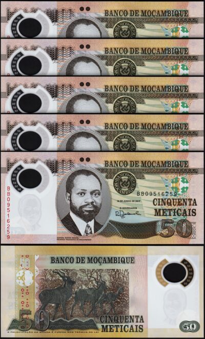 Mozambique 50 Meticais 2017, UNC, 5 Pcs LOT, Consecutive, Polymer, P-150,Prfx BB