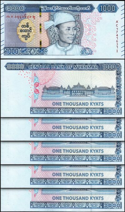 Myanmar 1000 Kyats 2019 (2020), UNC, 5 Pcs LOT, P-86