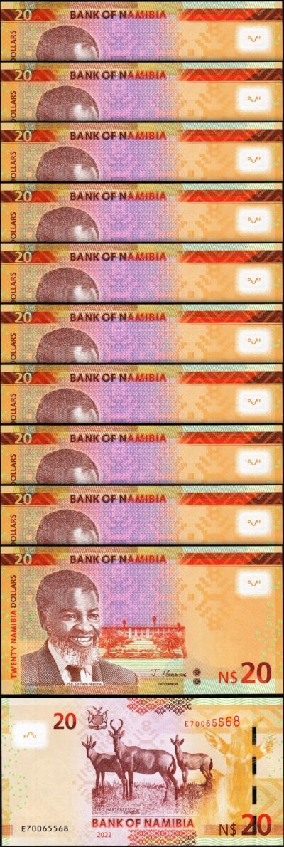 Namibia 20 Dollars 2022, UNC, 10 Pcs LOT, Consecutive, P-17 New
