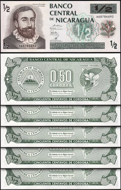 Nicaragua 1/2 (0,50) Cordoba 1992, UNC, 5 Pcs LOT, Consecutive, P-172