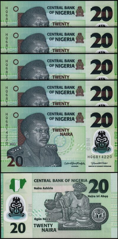 Nigeria 20 Naira 2022, AU / UNC, 5 Pcs LOT, P-New, Polymer