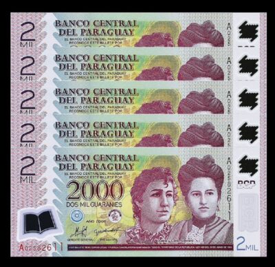 Paraguay 2000 Guaranies 2008, UNC, 5 Pcs LOT, Consecutive, P-228a, Polymer