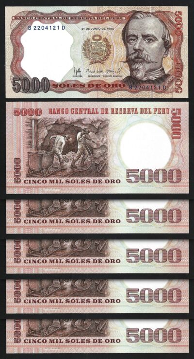 Peru 5000 Soles De Oro 1985, UNC, 5 Pcs LOT, Consecutive, P-117c