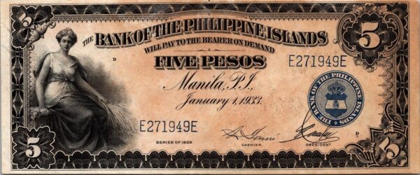 Philippines  5 Piso 1933, aAU, P-22, Prefix E