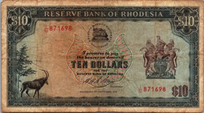 Rhodesia 10 Dollar 15 September 1975, VF, P-33g