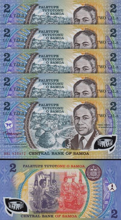 Samoa 2 Tala 1990, UNC, 5 Pcs LOT, Consecutive, POLYMER, P-31e