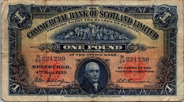 Scotland Edinburgh 1 Pound 1939, VF, P-S331, Commercial Bank Of Scotland Ltd