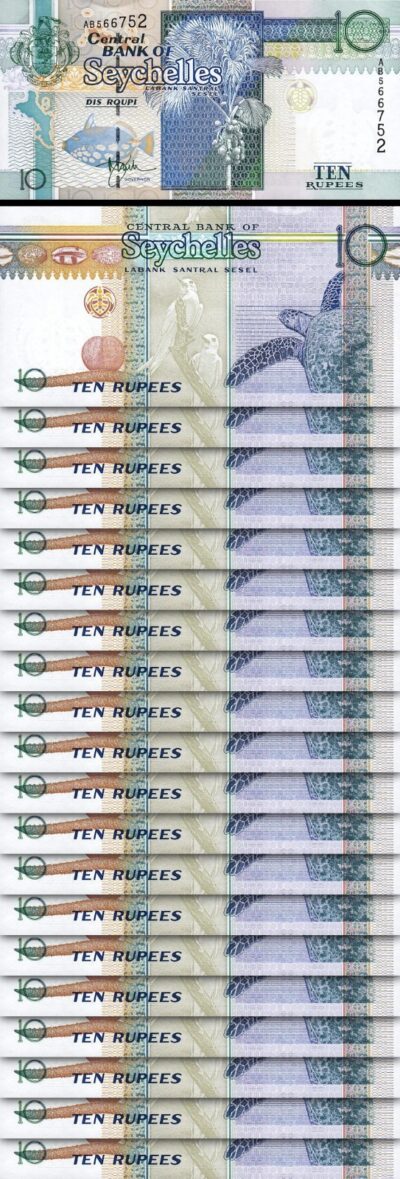 Seychelles 10 Rupees 1998, UNC, 20 Pcs LOT, Consecutive, P-36a, First Sign