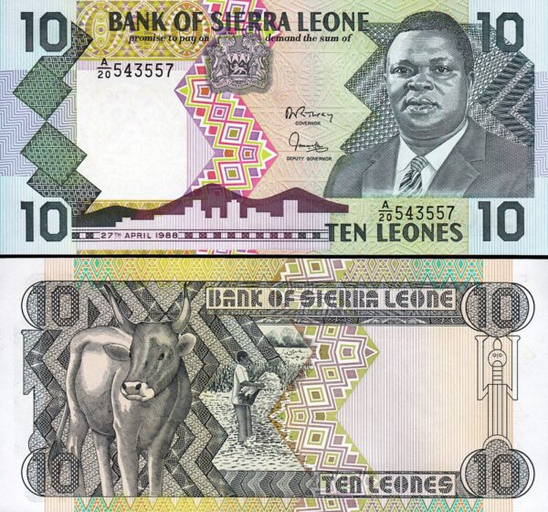 Sierra Leone 10 Leones, 1988, aAU / UNC, P-15, Prefix A