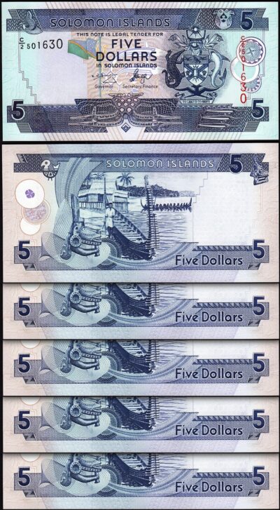 Solomon Islands 5 Dollars 2004 2006, UNC, 5 Pcs LOT, Consecutive, P-26, Prfx C/2