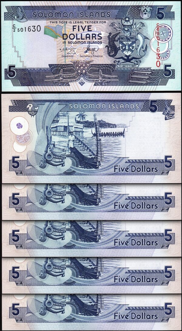 Solomon Islands 5 Dollars 2004 2006, UNC, 5 Pcs LOT, Consecutive, P-26, Prfx C/2