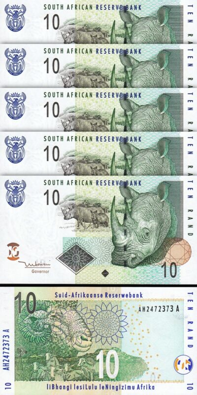 South Africa 10 Rand 2005, UNC, 5 Pcs LOT, P-128a, Sign 8