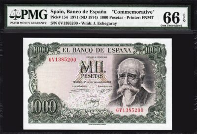 Spain Banco De Espana, 1000 1,000 Pesetas 1971 (1974) ,PMG 66 GEM, UNC EPQ P 154