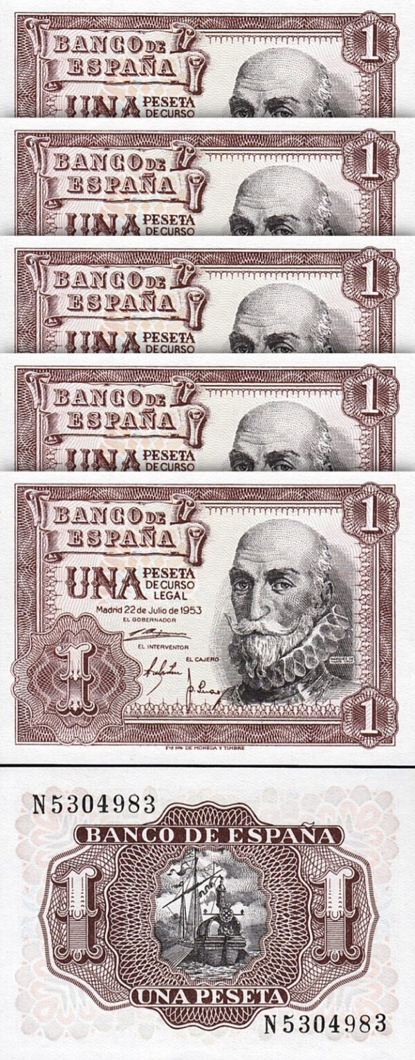 Spain Espana 1 Peseta 1953, UNC, 10 Pcs LOT, Consecutive, P-144 - Image 3