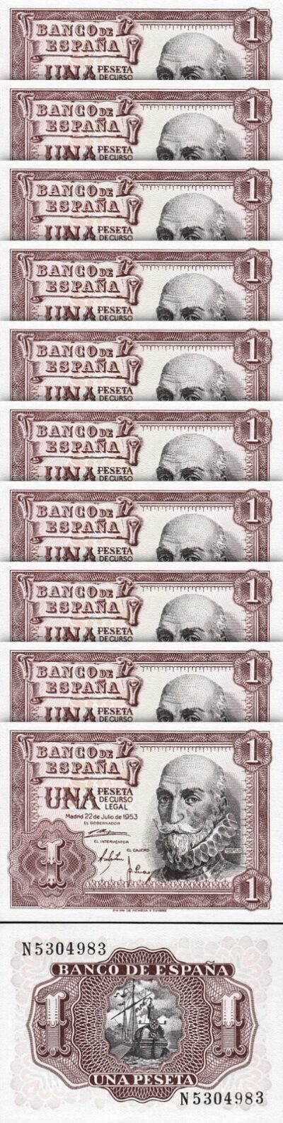 Spain Espana 1 Peseta 1953, UNC, 10 Pcs LOT, Consecutive, P-144