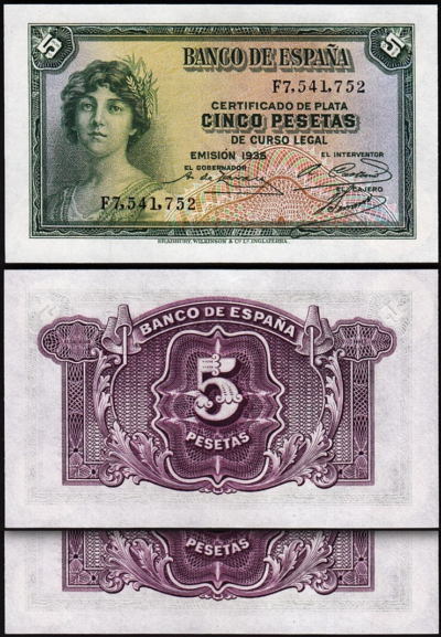 Spain Espana 5 Pesetas 1935 1936, UNC, 2 Pcs PAIR, Consecutive, P-85a, Prefix F