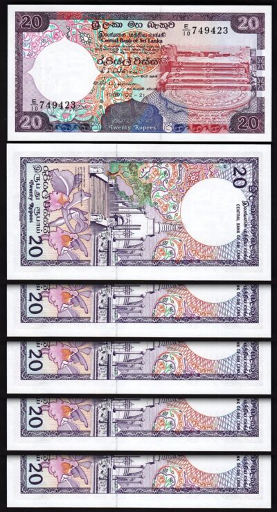 Sri Lanka 20 Rupees 1989, UNC, 5 Pcs LOT, Consecutive, P-97b