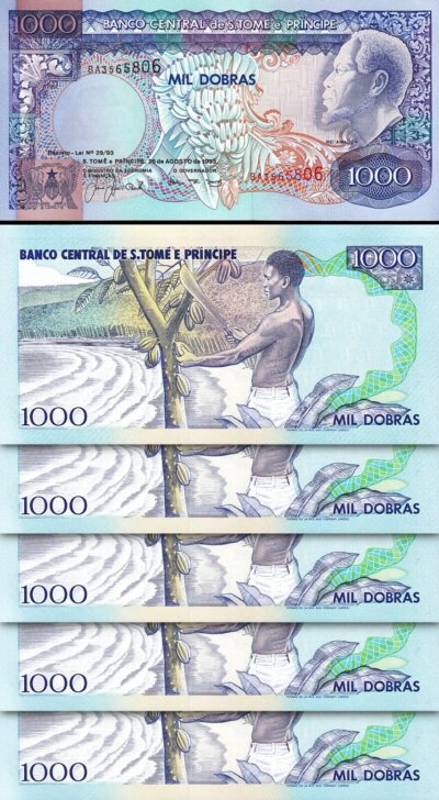 St. Saint Thomas - Sao Tome 1000 Dobras 1993, UNC, 5 Pcs LOT,  P-64