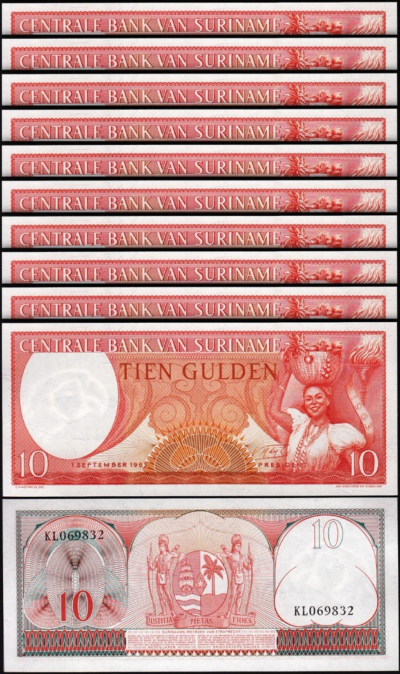 Surinam, Suriname 10 Gulden 1963, UNC, 10 Pcs LOT, P-121