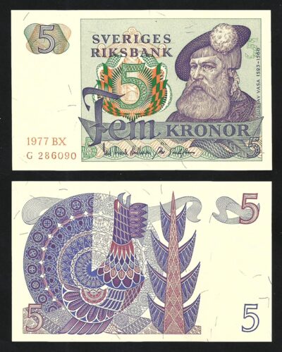 Sweden Suede 5 Kronor 1977, AU-UNC, P-51d, Red Serial Number