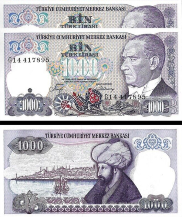 Turkey 1000 Lira  1970 (1986 ), UNC, 2 Pcs PAIR, Consecutive, P-196, Prefix G