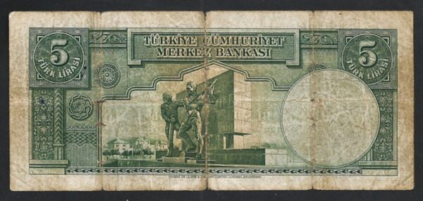 Turkey 5 Lira 1930 (1937), Fine Condition, 2.nd Emission, P-127, Tears, Pale - Image 3