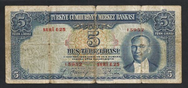 Turkey 5 Lira 1930 (1937), Fine Condition, 2.nd Emission, P-127, Tears, Pale