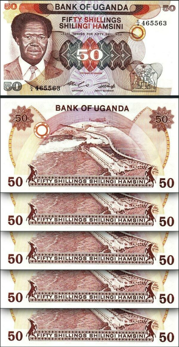Uganda 50 Shillings 1985, aUNC / UNC, 5 Pcs LOT, Consecutive, P-20