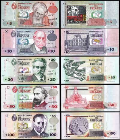 Uruguay 5 Pcs UNC Set, 5 10 20 50 100 Pesos 1998 2000