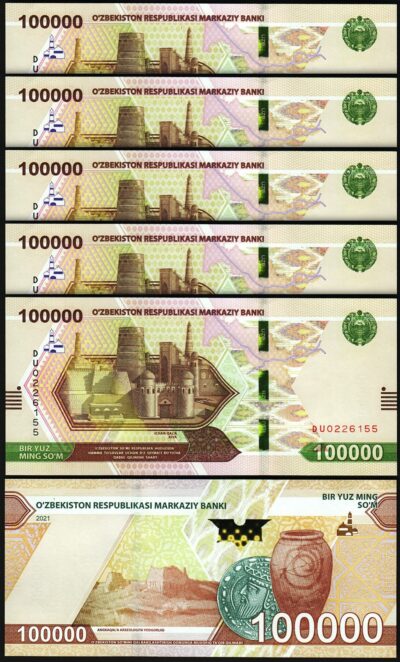Uzbekistan 100000 100,000 Sum 2021, UNC, 5 Pcs LOT, P-92