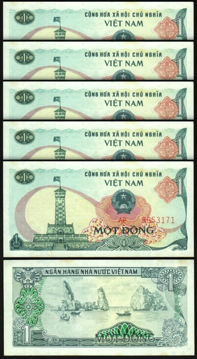 Vietnam 1 Dong 1985, UNC, 5 Pcs LOT, P-90, with Lightly Small Pale